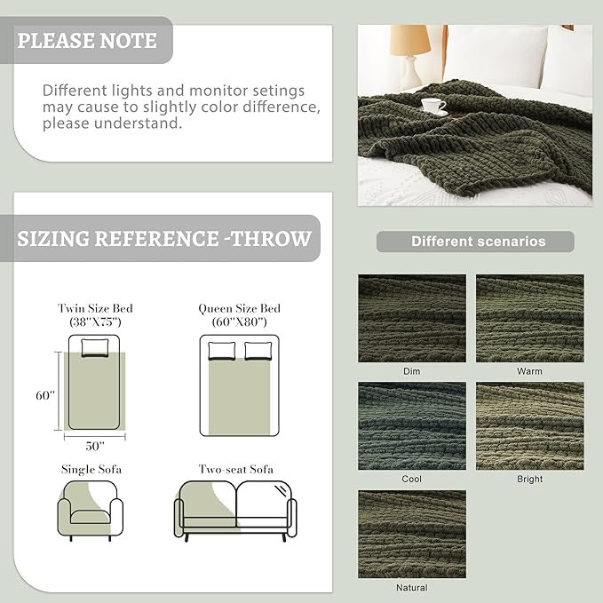 Battilo Olive Green Chunky Knit Throw Blanket, Soft and Thick Green Chenille - Image 8