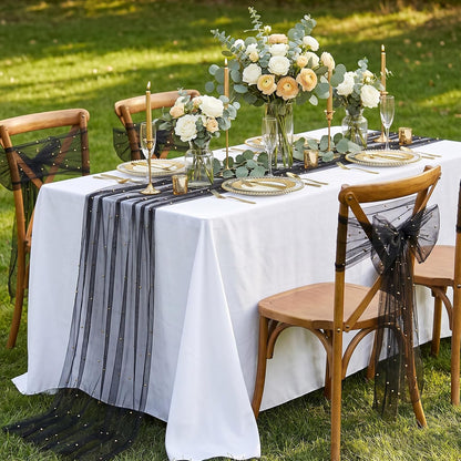 Pearl Gauze Tulle Table Runner Black Halloween 120 Inch 10FT Sheer Dining