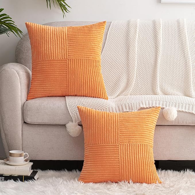 HWY 50 Orange Corduroy Patchwork Throw Pillow Covers 20x20 Inch, Soft Cozy - Image 6
