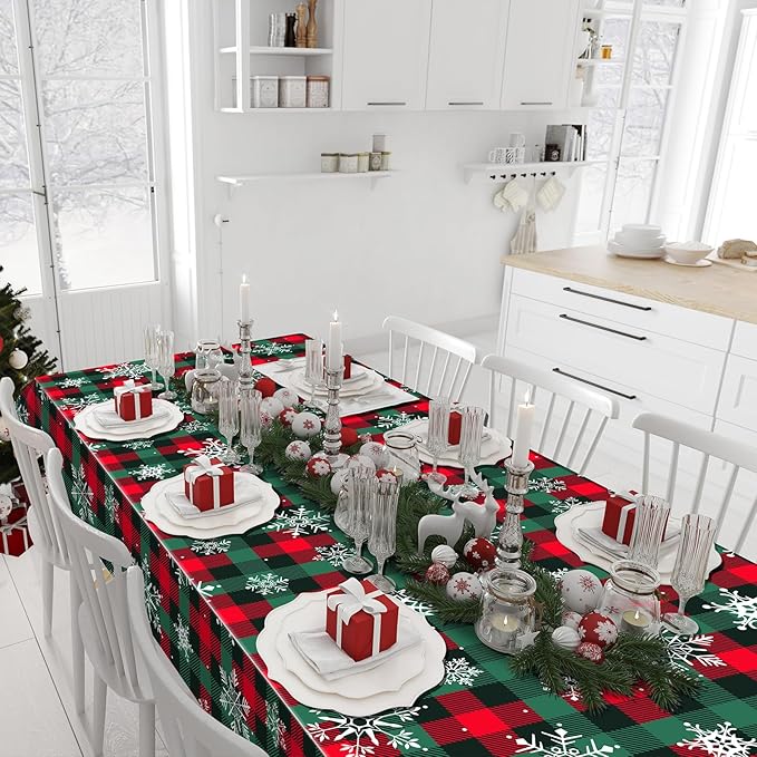 6Pcs Christmas Buffalo Plaid Snowflake Party Tablecloths Decorations, Plastic - Image 7