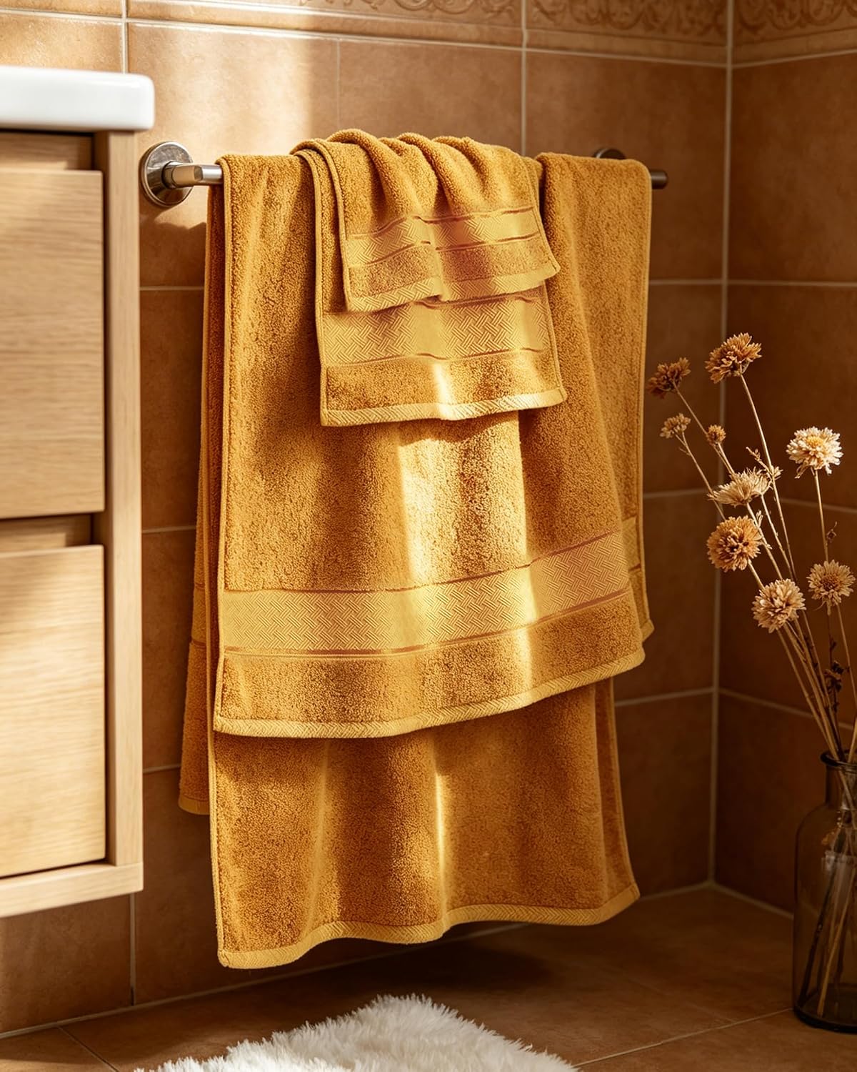 cozyart bath towel set 6 pcs, luxury gold on a desk or shelf