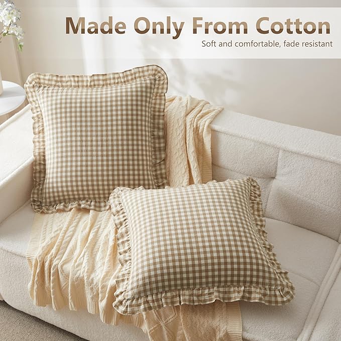 KKJIAF Ruffle Gingham Pillow Covers 26 x 26 Inches, Cotton Plaid Throw Pillow - Image 3
