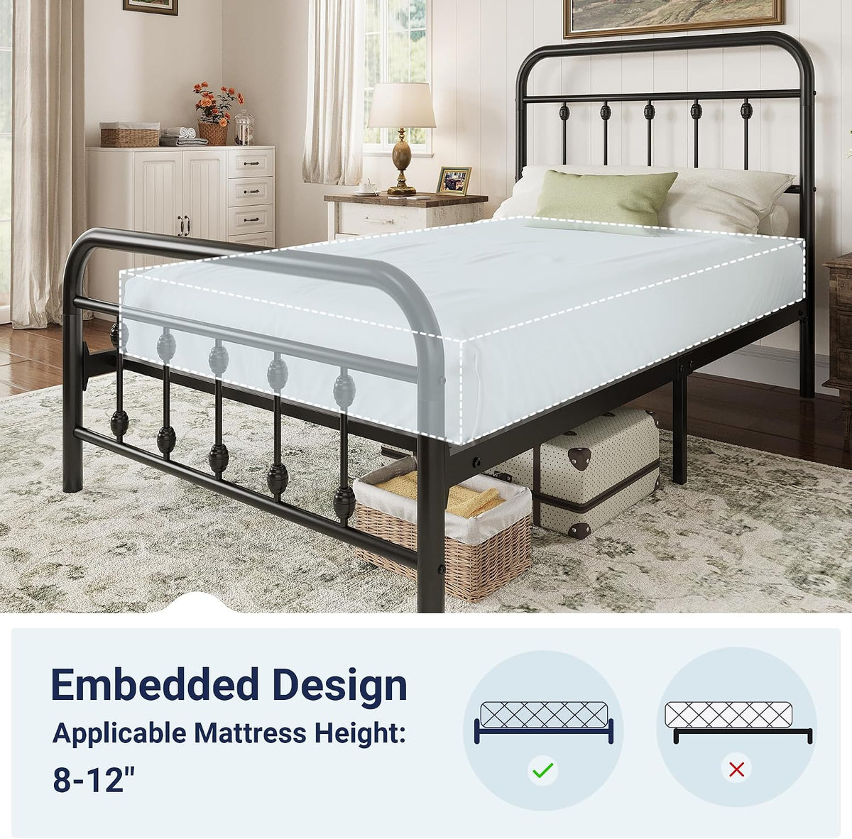 allewie 14 inches twin size metal platform bed, front angle view