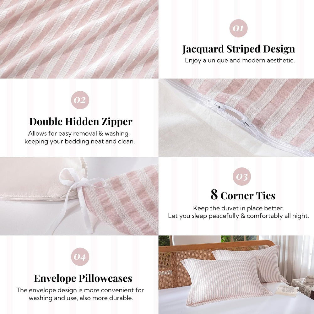 MILDLY Jacquard Striped Duvet Cover Set 3pcs Dual Zipper Pink Full