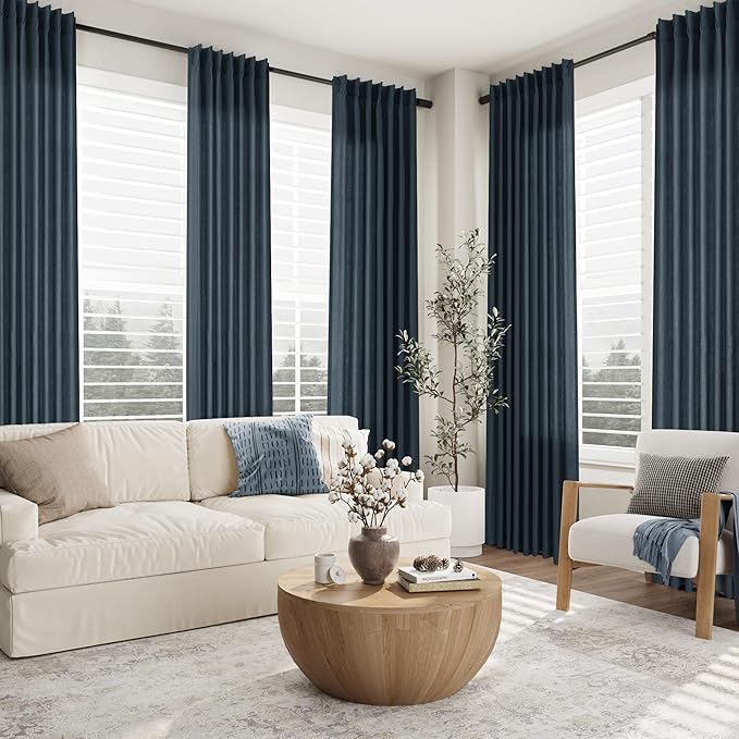 Vintage Blue Linen Pinch Pleat Curtains 102 Inches - Image 3