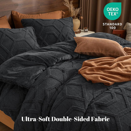 phf warm sherpa fleece queen comforter set, 3d shown in use
