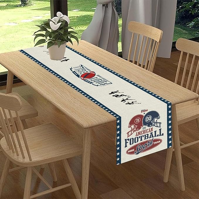 Rugby Table Runner, Retro Blue Seasonal Rugby Boy Football Game Day Touch Down - Image 2
