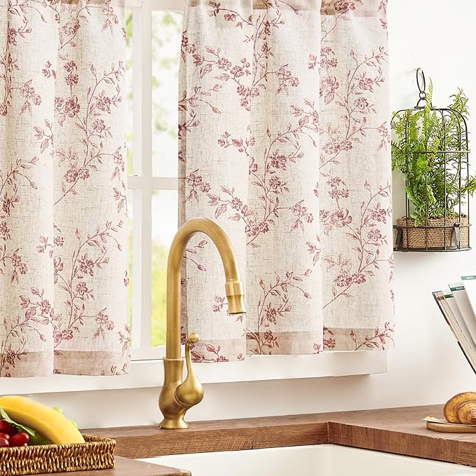 jinchan Floral Kitchen Curtains 30 Inch Christmas Decor Linen Tier Curtains - Image 3