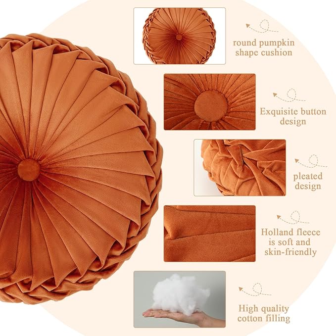 4 Pcs Round Throw Pillows Decorative Velvet Pleated Throw Pillows 15'' Diameter - Image 3