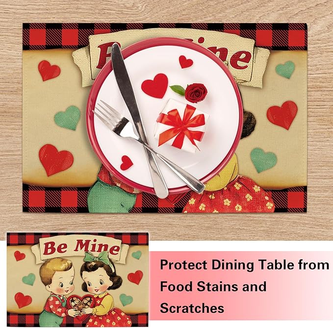 Vintage Valentines Day Kids Placemats Set of 4, Retro Boy Girl Red Blue Love - Image 4
