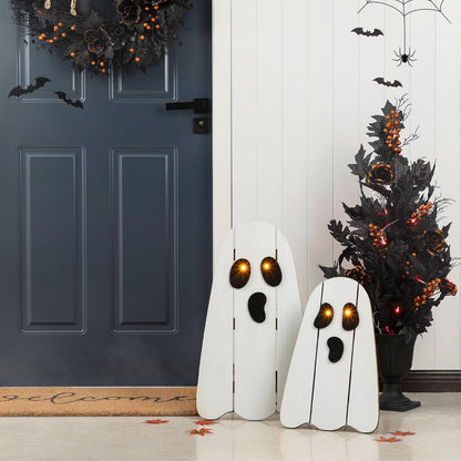 Glitzhome Set of 2 Halloween Lighted Wood Ghost Porch Decor - 24" H & 18" H Handcrafted Solid Wood Ghost Signs with Metal Display Stand for Farmhouse, Front Door Outdoor Yard Halloween Decorations