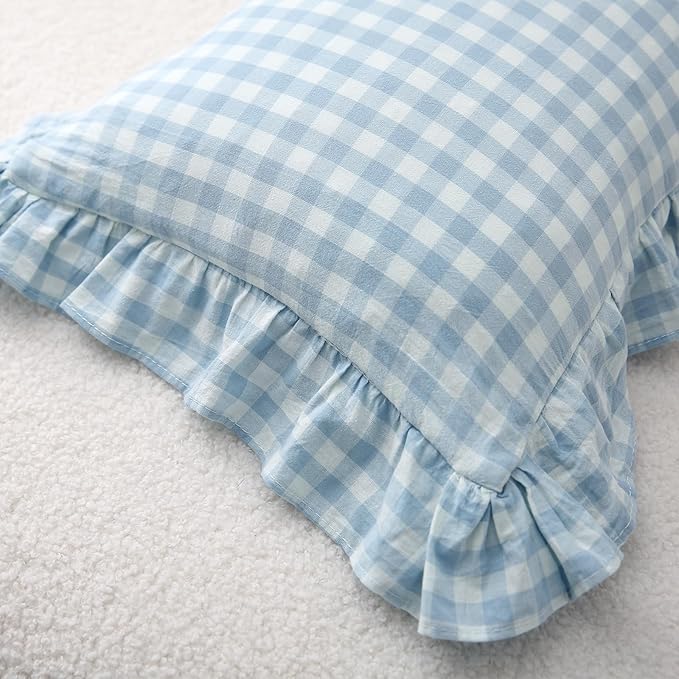 2 Pack Light Blue White Plaid Ruffle Gingham Lumbar Throw Pillow Covers - Image 7