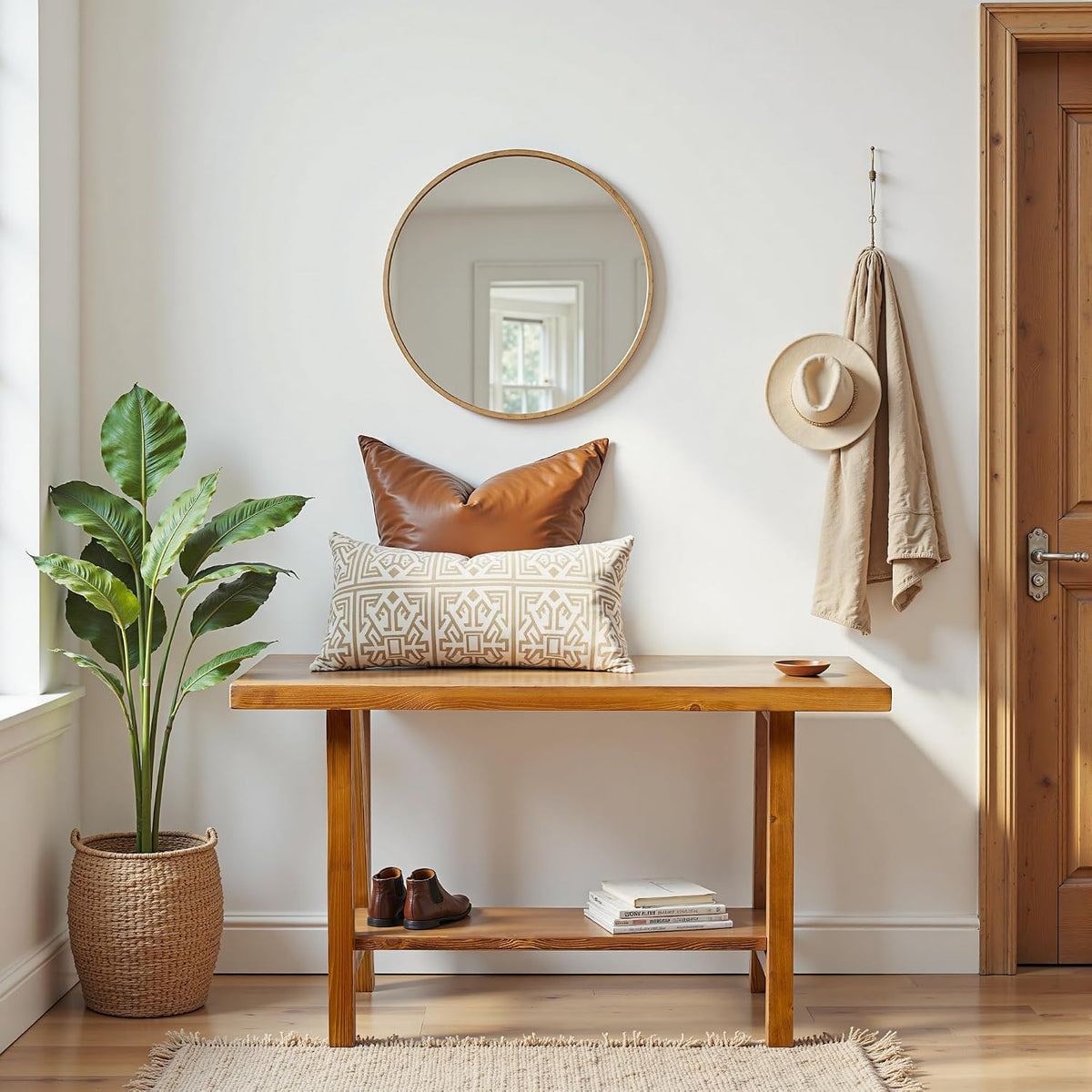 warmiehomy solid wood bench, 30” rustic farmhouse entryway showing dimensions