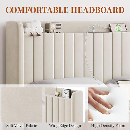 yaheetech queen bed frame with channel-tufted storage headboard showing dimensions