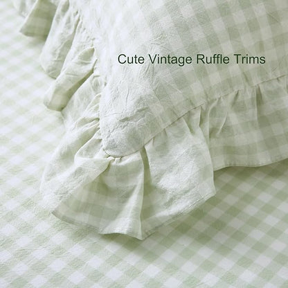 Pile Green White Plaid Ruffled Gingham Body Pillow Cover, 100% Washed Cotton - Image 3