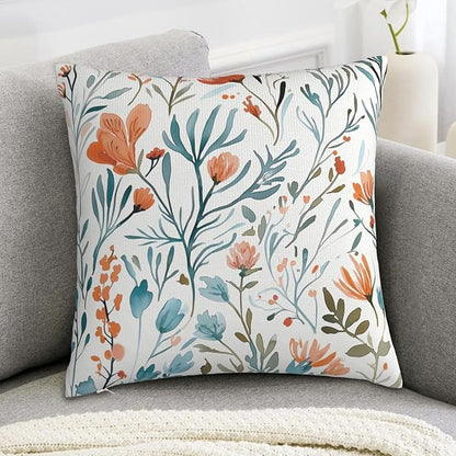 Turquoise Orange Floral Throw Pillow Covers 18x18 in Set of 2 Decorative Teal - Image 5