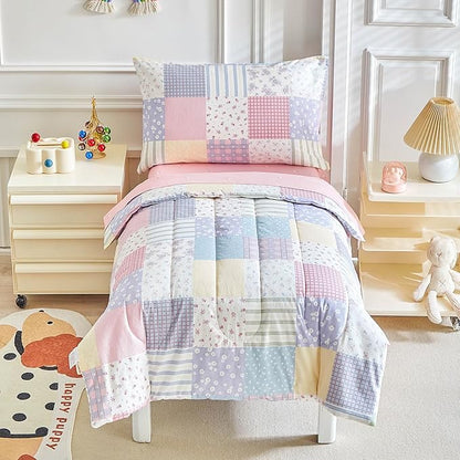 Joyreap 4 Piece Cotton Toddler Bedding Set- Colorful Flowers Patchwork Design - Image 3