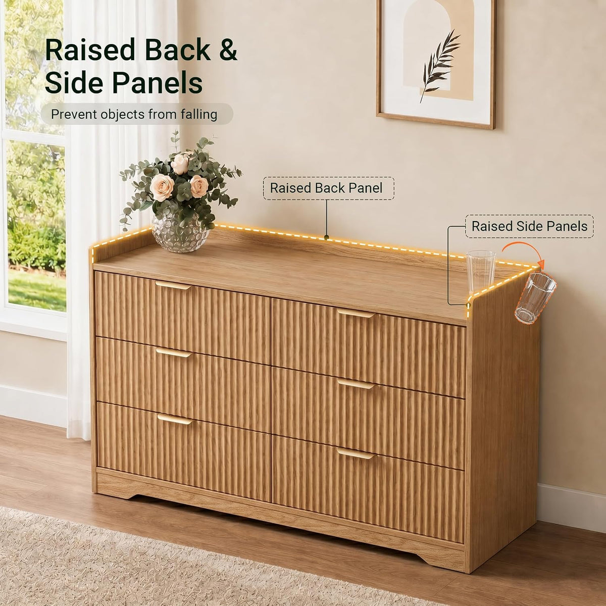 ourpic fluted modern 6 drawer dresser for bedroom showing dimensions