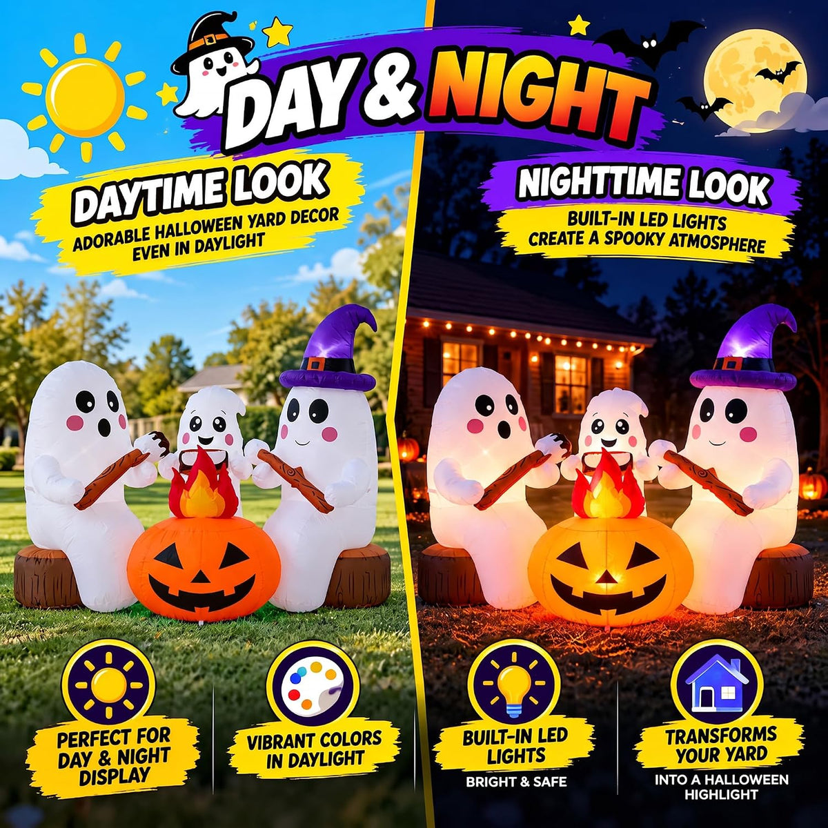 ZPISF 7.5 FT Halloween Inflatables 3 Cute Ghosts Roasting Marshmallows by Campfire, Built-in LED Lights Outdoor Yard Garden Patio Holiday Party Decorations