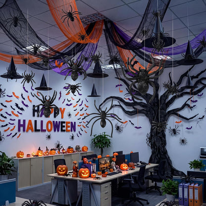 167 Pcs Halloween Themed Decorations, Spooky Halloween Classroom Party Decor Kit with Bats Stickers, Fake Spiders, Tulle Gauze, Witch Hats & Black Kraft Paper for Indoor Outdoor Party Decor