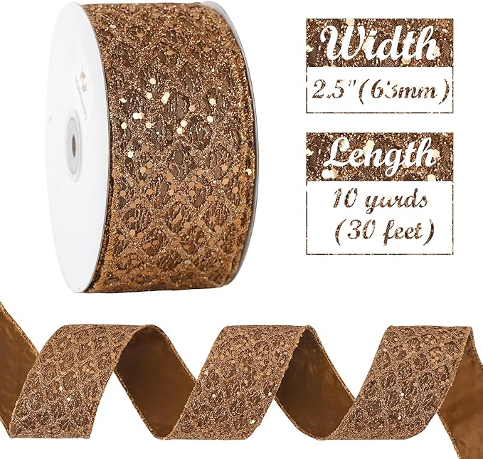 HUIHUANG Glitter Copper Wired Ribbon 2.5 inch Copper Diamond Mesh Wire Edge - Image 4