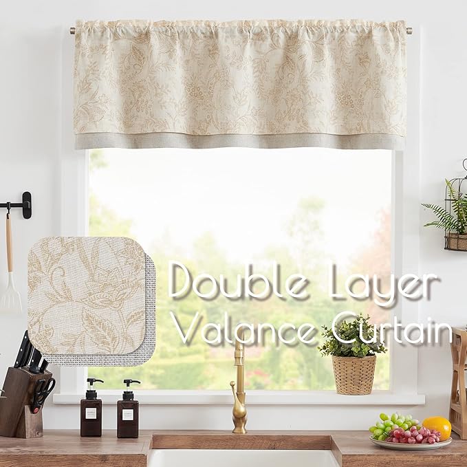 jinchan Linen Valance Curtain Farmhouse Floral Printed Small Window Curtain - Image 3