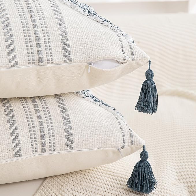 Boho Throw Pillow Covers 12x20 Set of 2 Cotton Woven Tufted Farmhouse Lumbar - Image 2