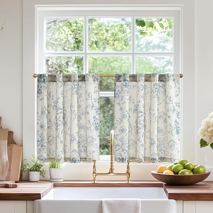 jinchan Linen Floral Tier Curtains 24 Inch Farmhouse Botanic Cafe Curtains by JINCHAN