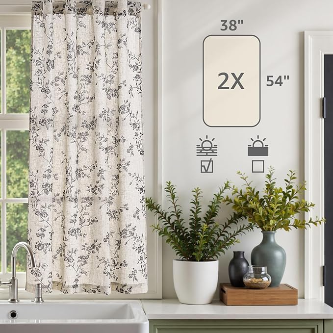 jinchan Floral Kitchen Curtains 54 Inch Linen Tier Curtains Farmhouse Cafe Half - Image 7