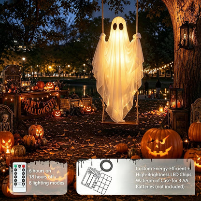 Halloween Decorations Outdoor – Hanging Swing Ghost 4-8FT, Remote Light Up