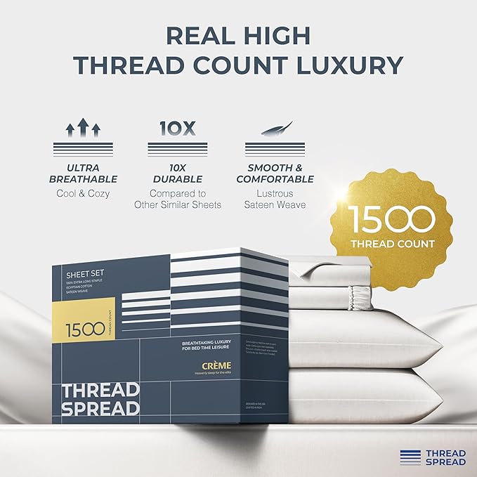 THREAD SPREAD 100% Egyptian Cotton Sheets Queen Size Bed Set - Image 2