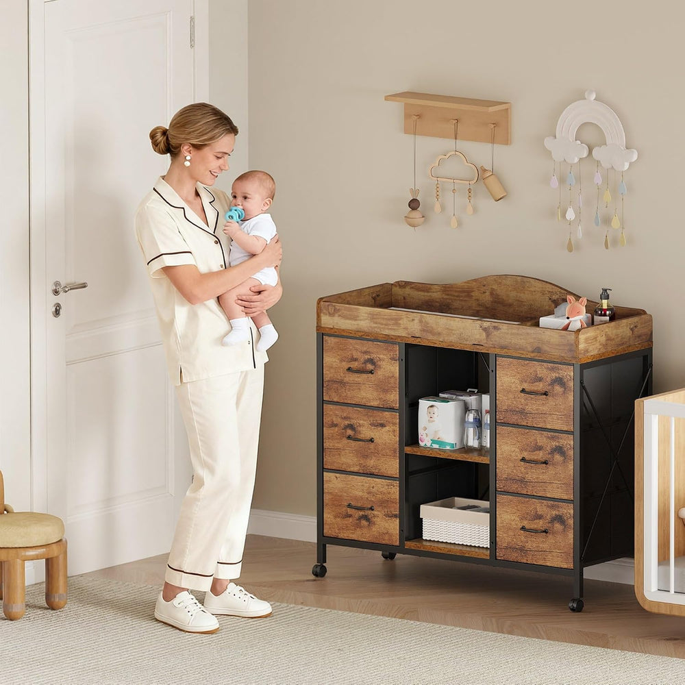 YeTom Changing Table, 6-Drawer Dresser, Adjustable Shelves, Rustic Brown