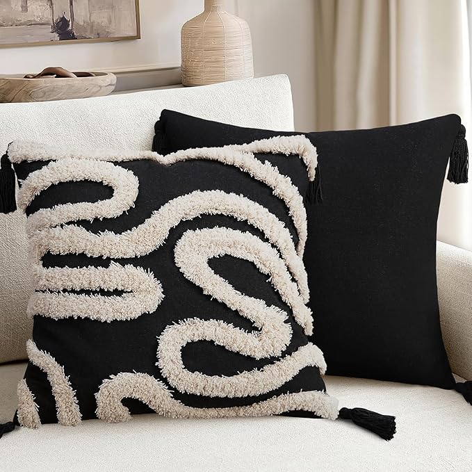 Adabana Black and Beige Pillow Covers Decorative Tufted Abstract Throw Pillows - Image 5