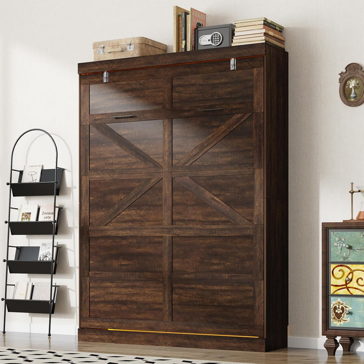 hlivelood queen size murphy bed with 2 led on a desk or shelf