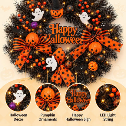 22 Inch Halloween Wreath for Front Door with Light Pumpkin Ghost Decor