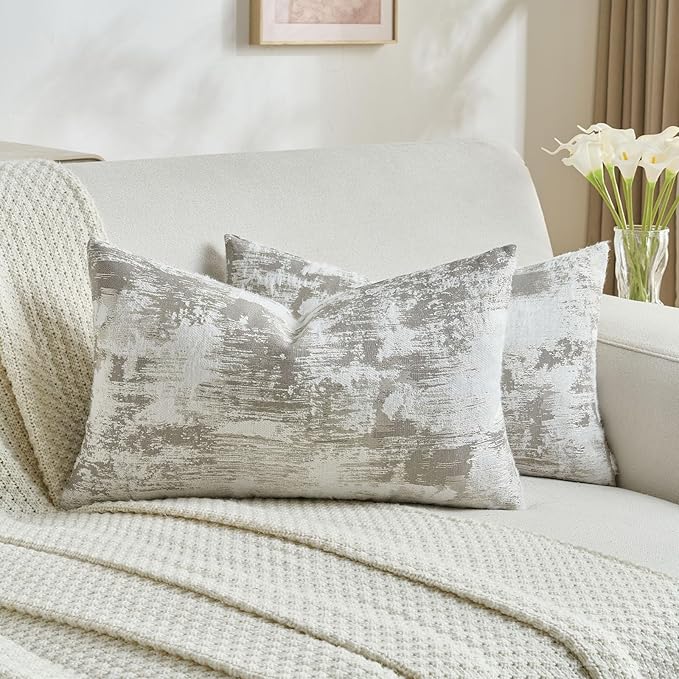 FUTEI Grey White Decorative Throw Pillow Covers 12x20 Inch Set of 2, Soft Faux by FUTEI