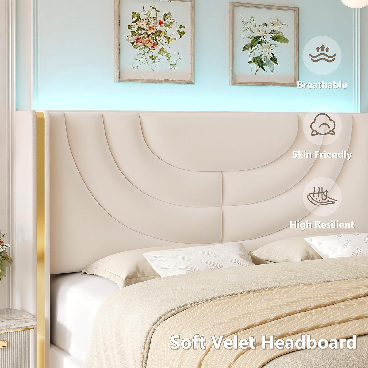 hithos queen upholstered platform bed frame, led storage showing dimensions