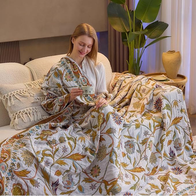 Fall Throw Blanket for Couch, 100% Cotton Muslin Breathable Woven Farmhouse - Image 5