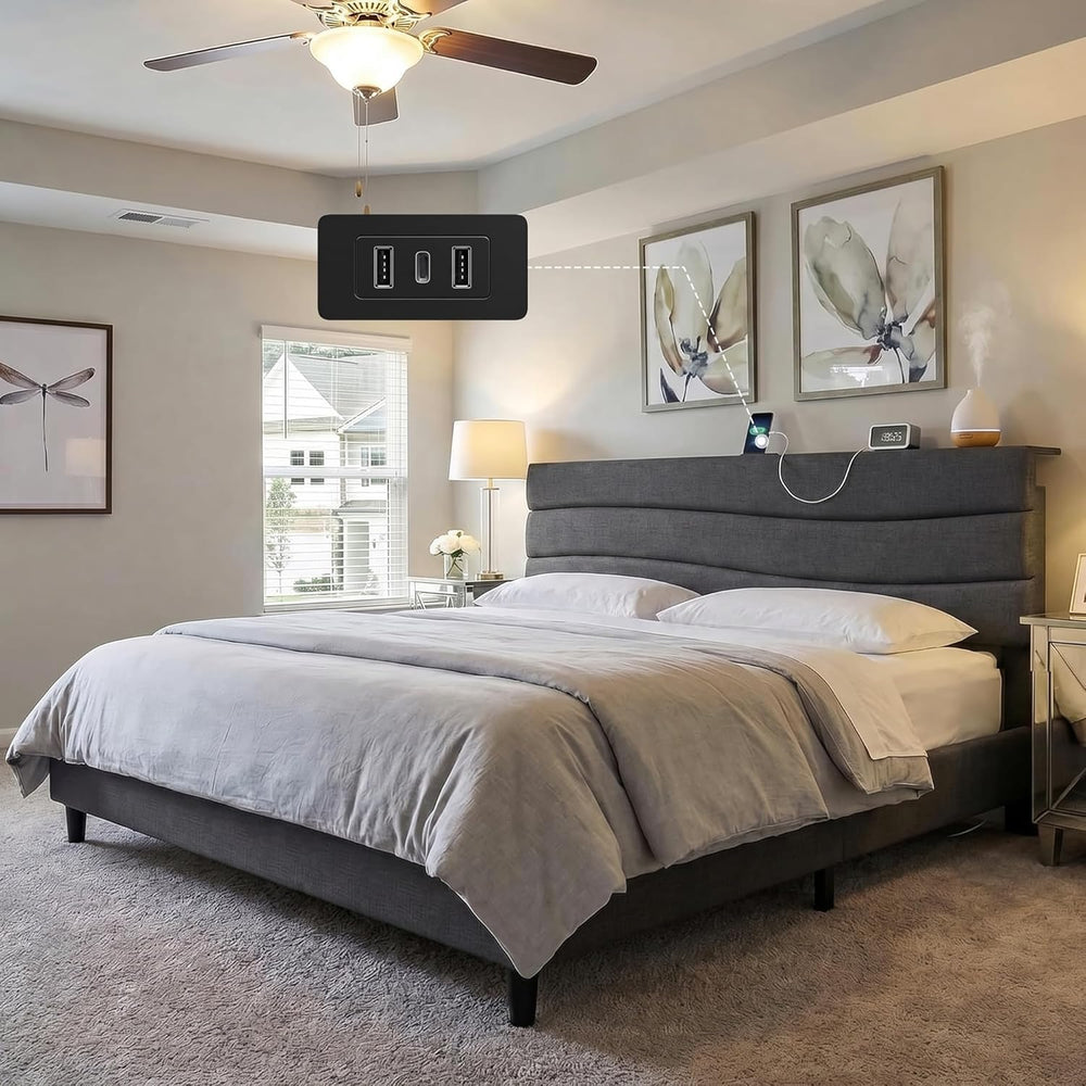 EnHomee King Size Bed with Upholstered Headboard & Charging Station