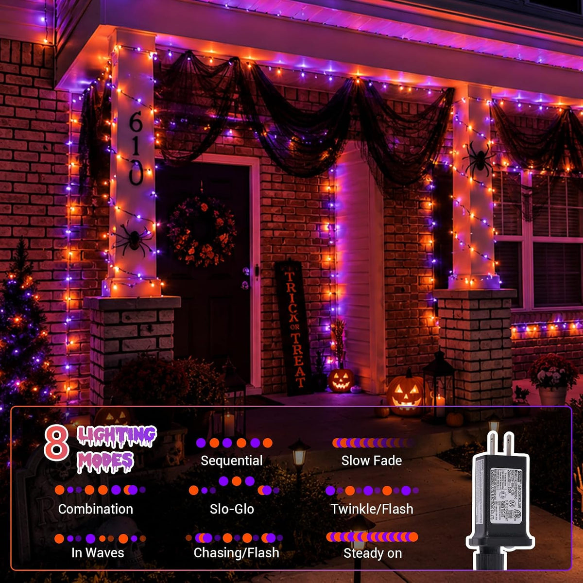 QITONG 165ft 500 LED Orange and Purple Halloween Lights Outdoor Waterproof, String Lights for Outside with 8 Modes, Green Wire Twinkle Lights Plug in Indoor