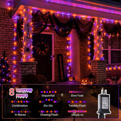 QITONG 165ft 500 LED Orange and Purple Halloween Lights Outdoor Waterproof, String Lights for Outside with 8 Modes, Green Wire Twinkle Lights Plug in Indoor