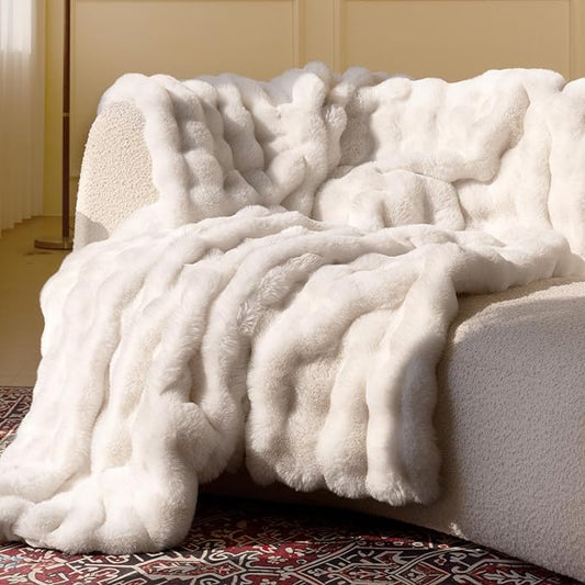 Ultra Soft Cozy Faux Fur Throw Blanket, Fuzzy Plush Thick Bubble Blanket by blunique