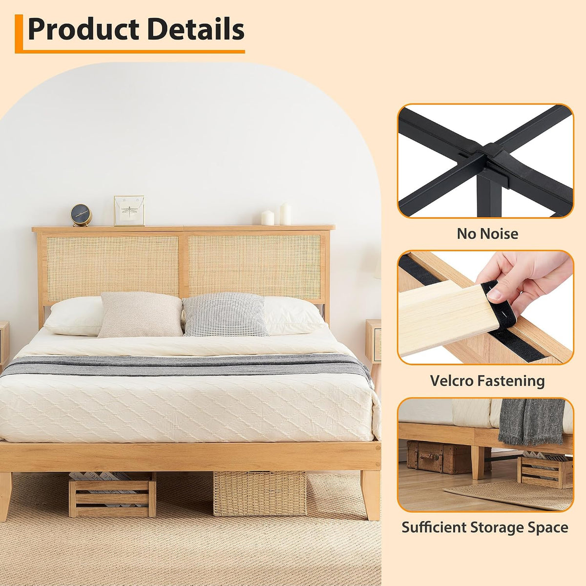 garvee bohemian king rattan bed led natural headboard on a desk or shelf