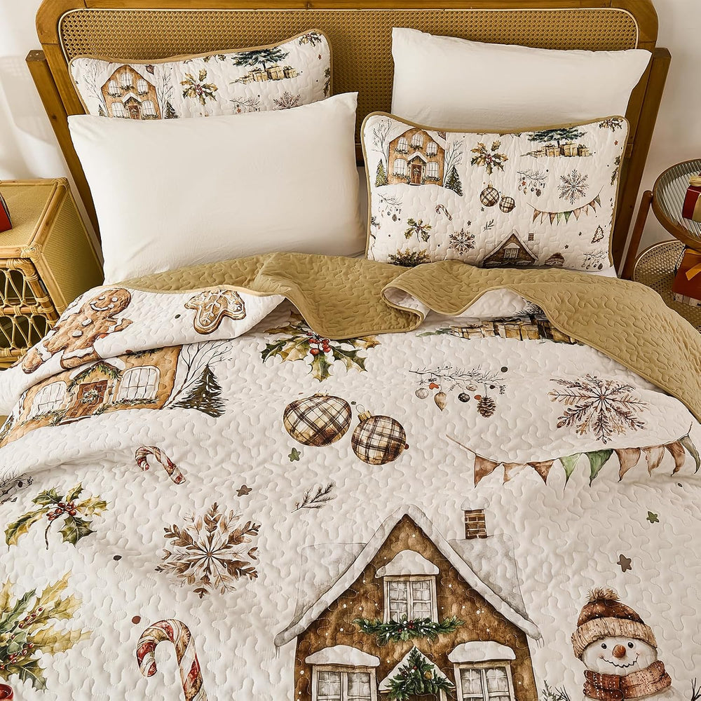 Djoymock Christmas Quilt Set Queen, Reversible Holiday Bedspread