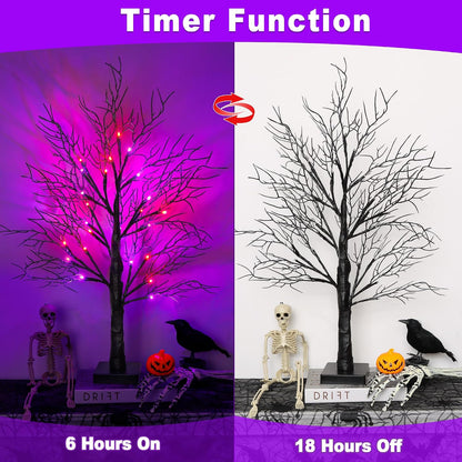 Halloween Decorations Indoor 2 Pack 24 Inch Black Halloween Tree with 48 Orange & Purple Lights, USB or Battery Operated Halloween Table Decorations Lighted Tabletop Spooky Tree Home Decor Office
