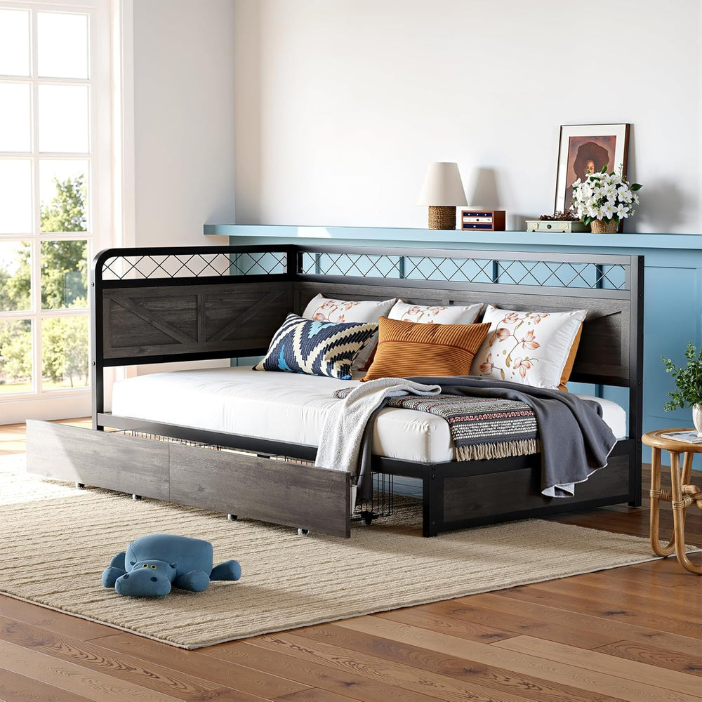 ANCTOR Corner Bed Frame Twin DayBed with Storage Drawers, Charcoal Grey