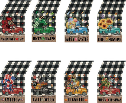 8 Pcs Truck Holiday Table Runners 72 Inches Long, Rustic Truck Fall Winter Halloween Christmas Burlap Table Runners, Car Buffalo Plaid Dining Table Decor for Farmhouse Garden Party Supplies