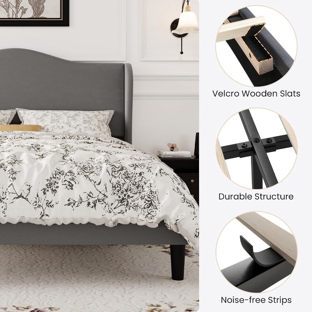 SHA CERLIN Queen Size Bed Frame with Curved Wingback Headboard, Soft Grey