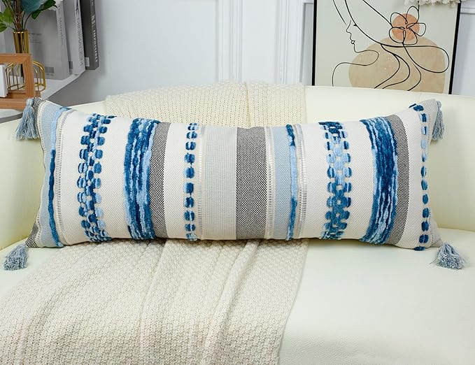 PANOD Boho Long Lumbar Throw Pillow Cover 16 x 36 Blue, Chenille Morocan Extra - Image 3