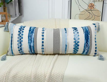 PANOD Boho Long Lumbar Throw Pillow Cover 14 x 36 Blue, Chenille Morocan Extra - Image 3